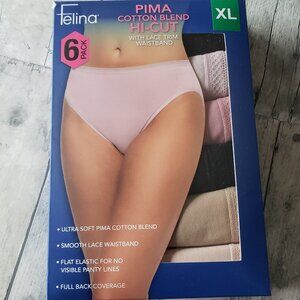 NWT - Felina 6- pack Pima Cotton Blend Hi-Cut With Lace Trim Waistband - Size XL